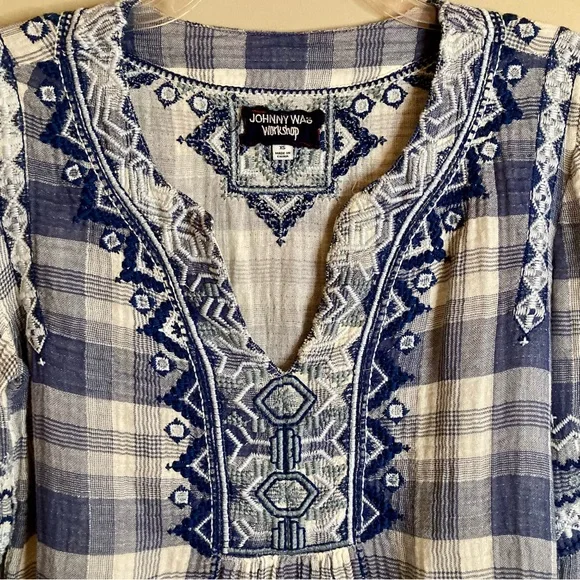 Johnny Was Simonee Flare Sleeve Blouse Plaid Geometric Embroidery Blue Size XS